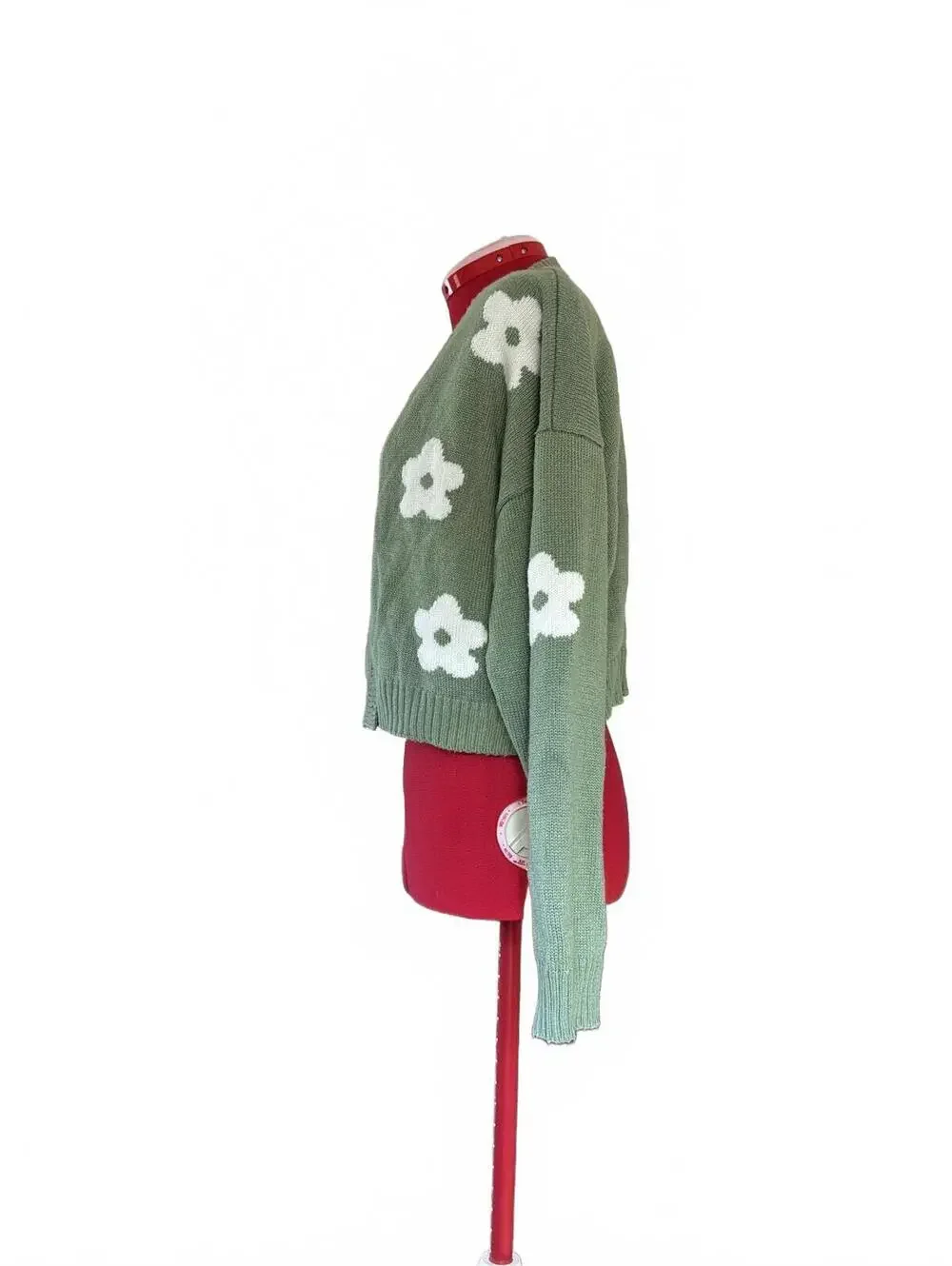 Green Cropped Cardigan with White Daisy Pattern - Picture 2 of 4